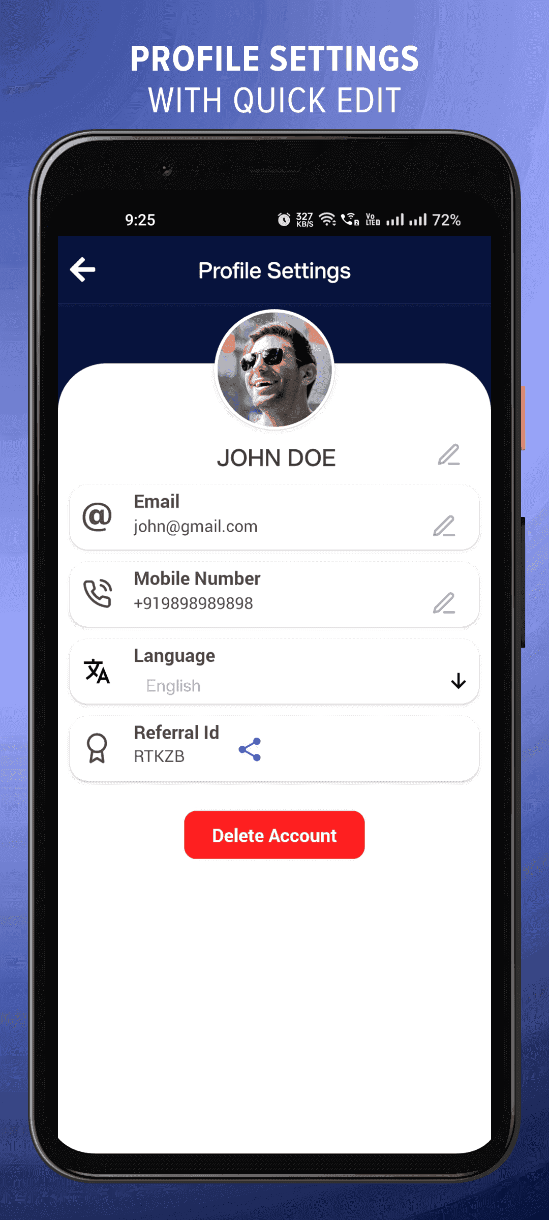 Profile settings with quick edit